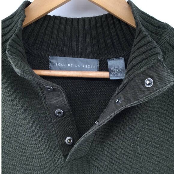 Oscar de la Renta 100% Cotton Rib Knit Snap Button Henley Large Olive - Picture 2 of 4